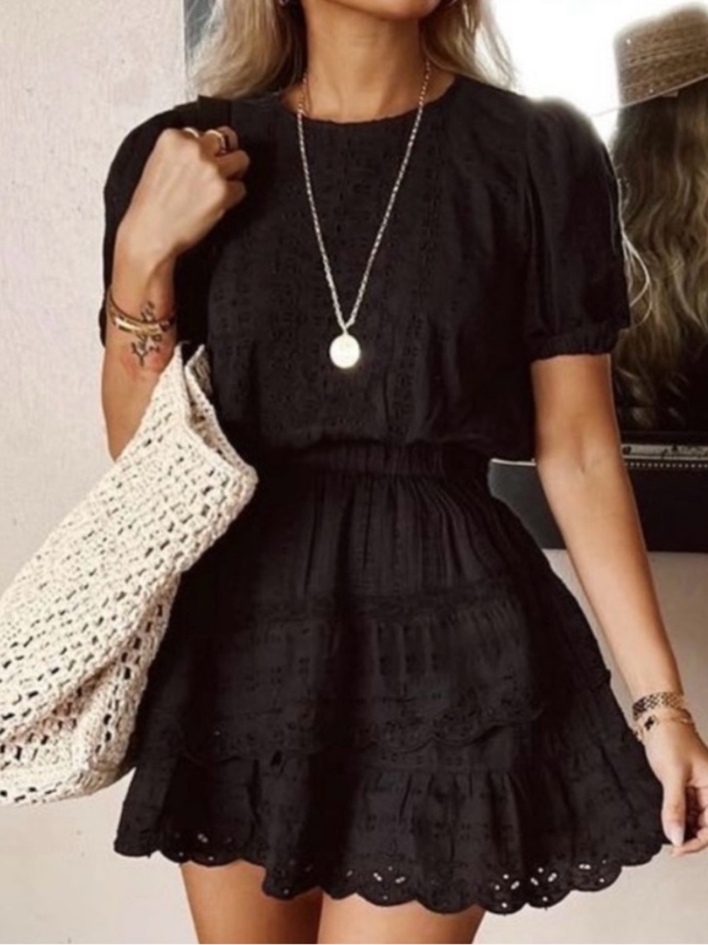 NWT ZARA BLACK COTTON EYELET TIER MINI DRESS S